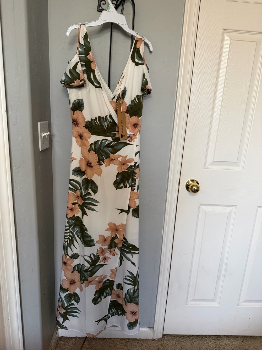 Floral Wrap Maxi Dress - Cream with Green & Peach Floral